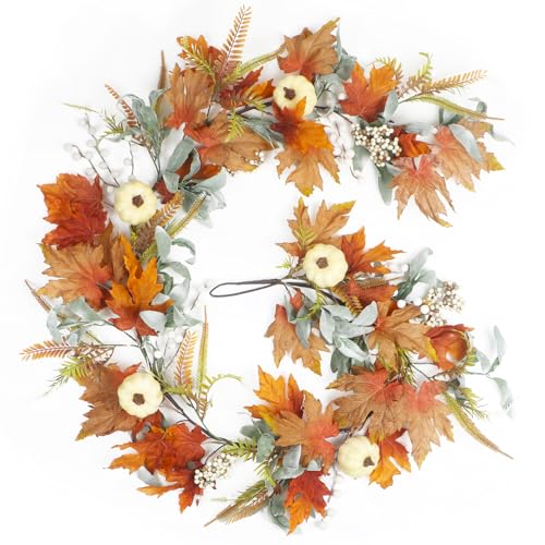 Bendable garland of orange maple leaves, soft green eucalyptus and small white berries