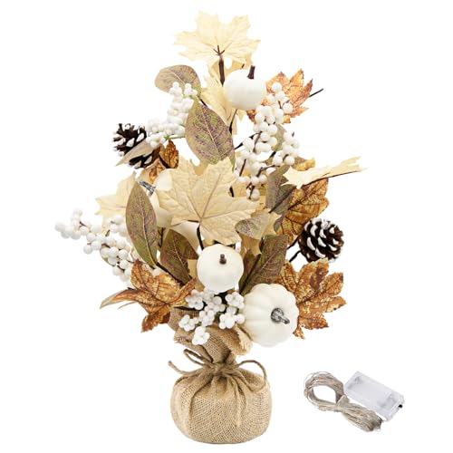 Small tabletop tree with cream leaves, white pumpkins and pinecones in a burlap-wrapped base with warm lights