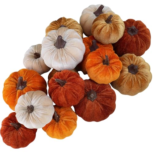 Cluster of soft velvet pumpkins in rust, cream, gold and deep orange with dark stems