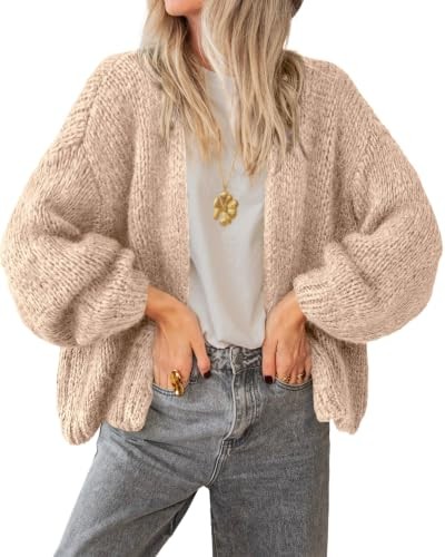 Oatmeal chunky knit open front cardigan with no buttons, worn over a white tee