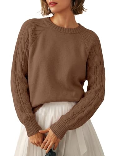Brown crewneck pullover with cable knit detail down the sleeves