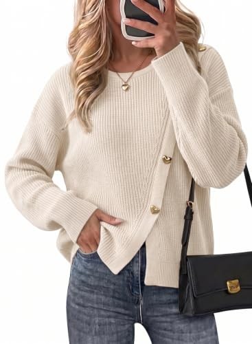 Cream and tan color block knit jumper with shoulder buttons and a split hem
