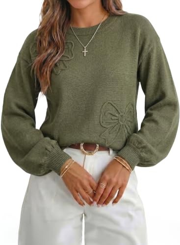 Olive green pullover with a raised floral applique at the front and lantern sleeves