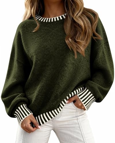 Olive green crewneck pullover with black and white striped trim at the cuffs, hem and neck