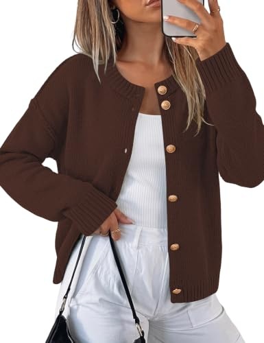 Dark brown button up cardigan with gold buttons in a closer cut
