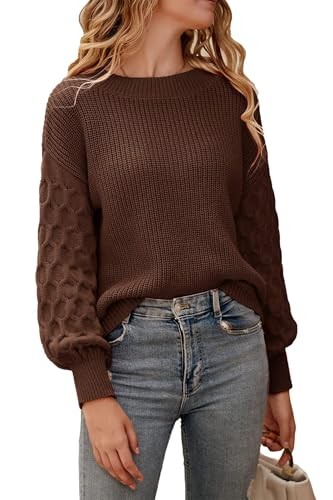 Chocolate brown ribbed crewneck pullover with textured sleeves