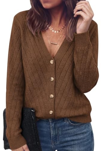 Chocolate brown V-neck button cardigan worn over a dark top
