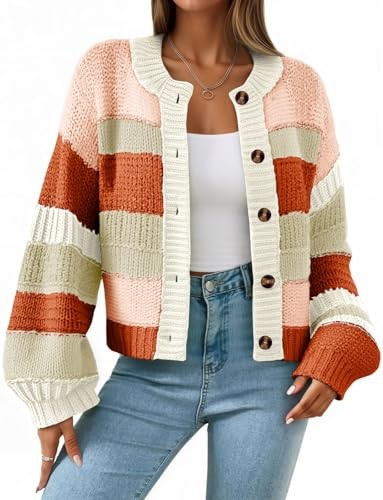 Oversized cardigan in rust, cream and sage color blocking with lantern sleeves