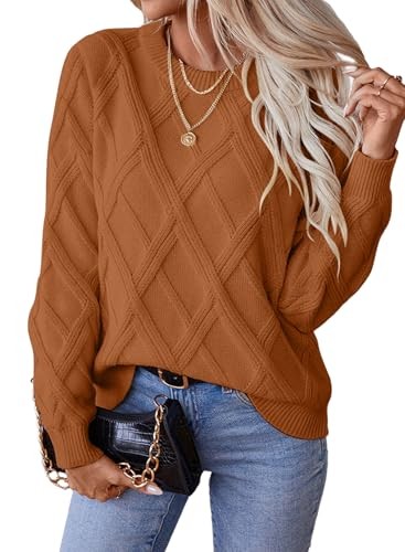 Rust orange crewneck sweater with a raised diamond knit texture