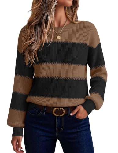Chunky crewneck sweater with wide brown, black and tan horizontal stripes