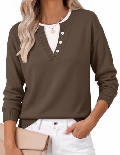 Brown pullover with a built-in white collar and button placket giving a layered look