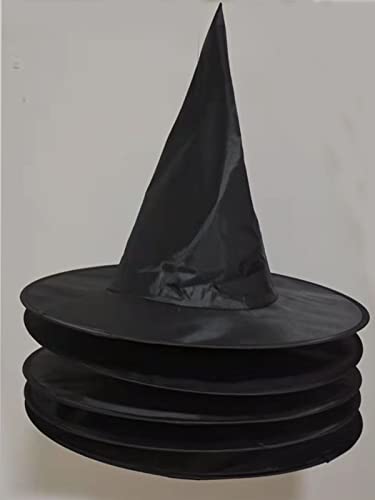Five plain black pointed witch hats stacked together