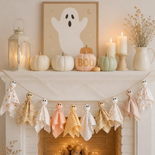Fabric ghost garland in floral and gingham prints, pre-assembled on a string