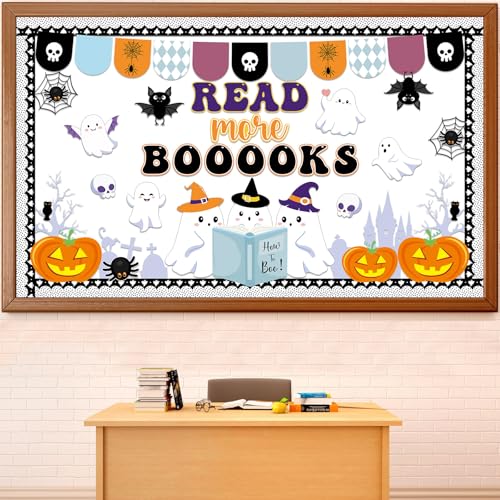 Paper cutouts of cute ghosts, pumpkins, spiders and bats for a bulletin board