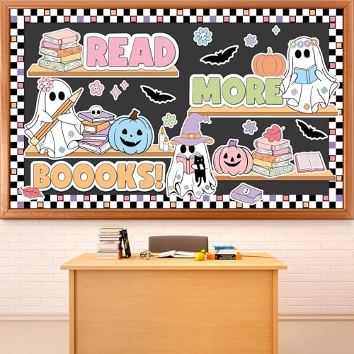 Ghost and pumpkin paper cutouts with letters spelling read more boooks