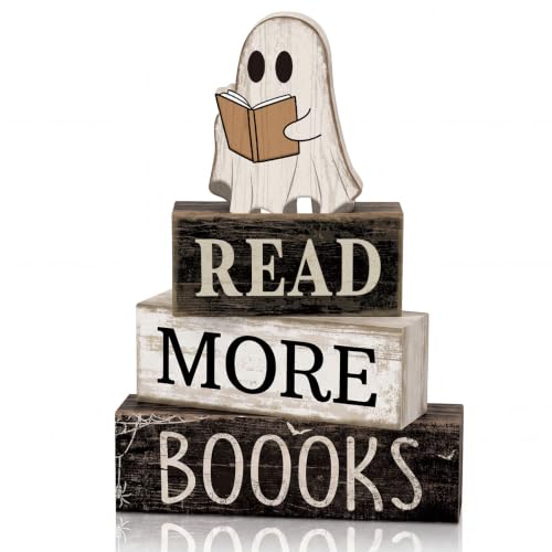 Wooden stacked blocks painted with ghosts and the words read more books