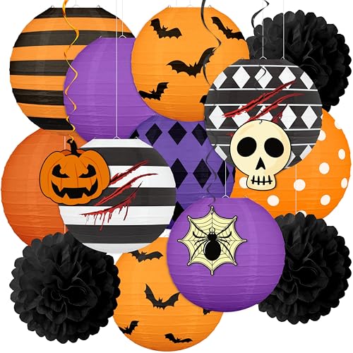 Halloween paper lanterns, pom poms and hanging swirls in orange, purple and black