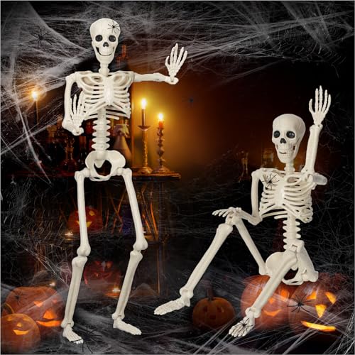 Two three-foot plastic skeletons with movable joints, packaged with spiders and webbing