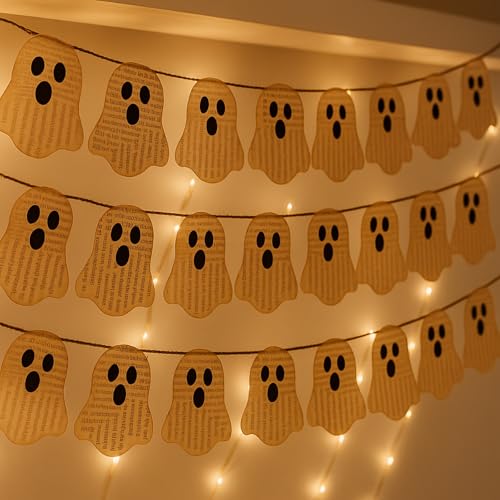 Paper ghost bunting printed to look like aged book pages