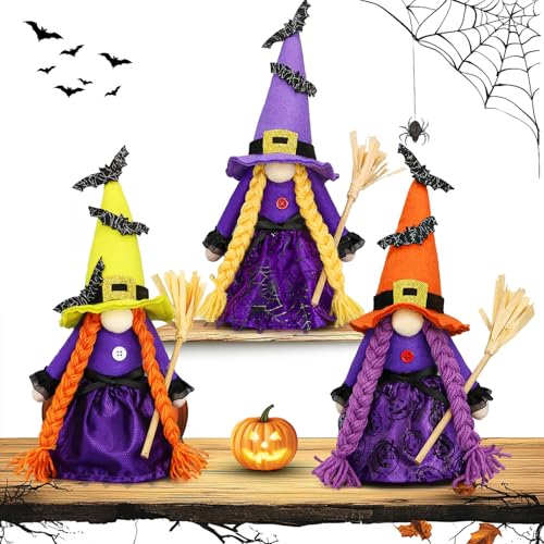 Plush witch gnomes in purple hats with long beards, standing upright