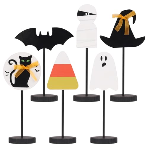 Six wooden standing shapes including a ghost, bat, black cat and witch hat