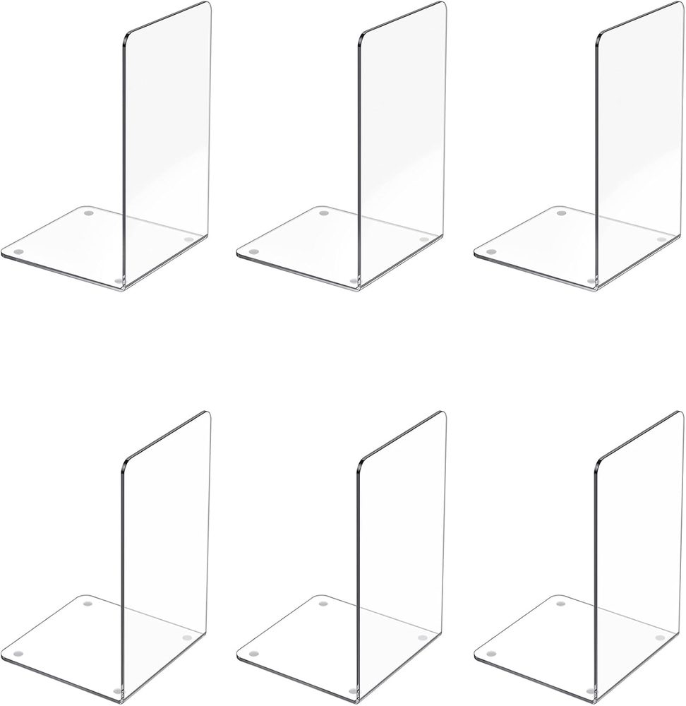 Six clear L-shaped acrylic bookends