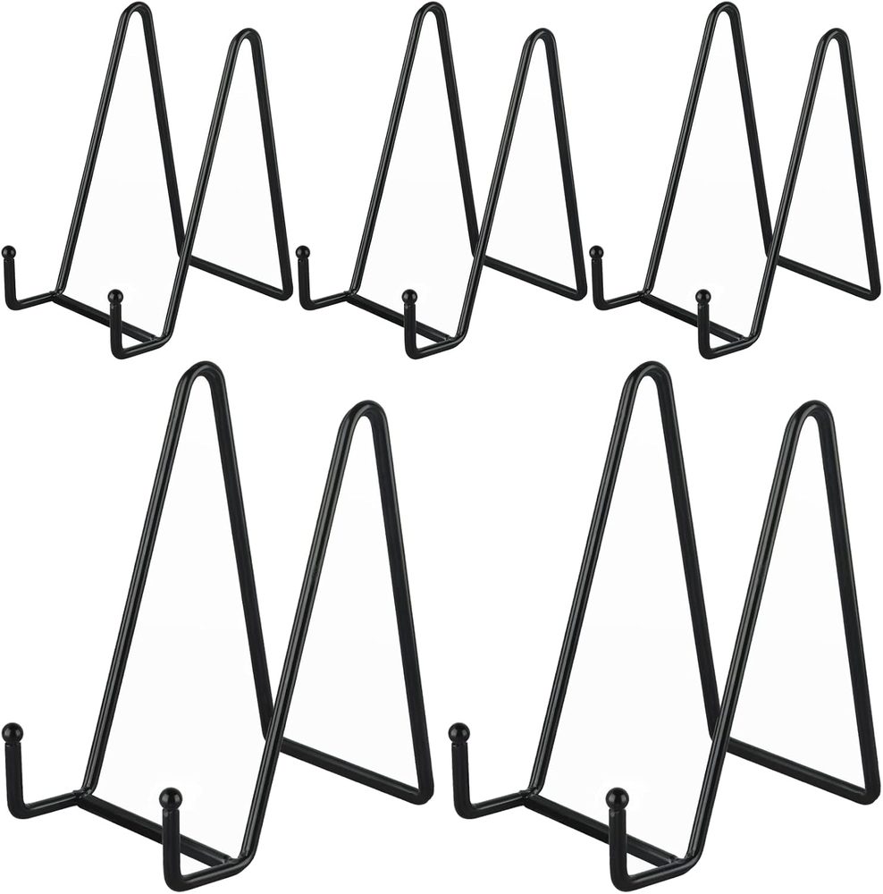 Five black metal plate holder display stands with folding easel backs