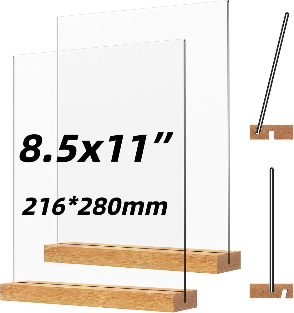 Two clear acrylic sign holders with natural wood bases