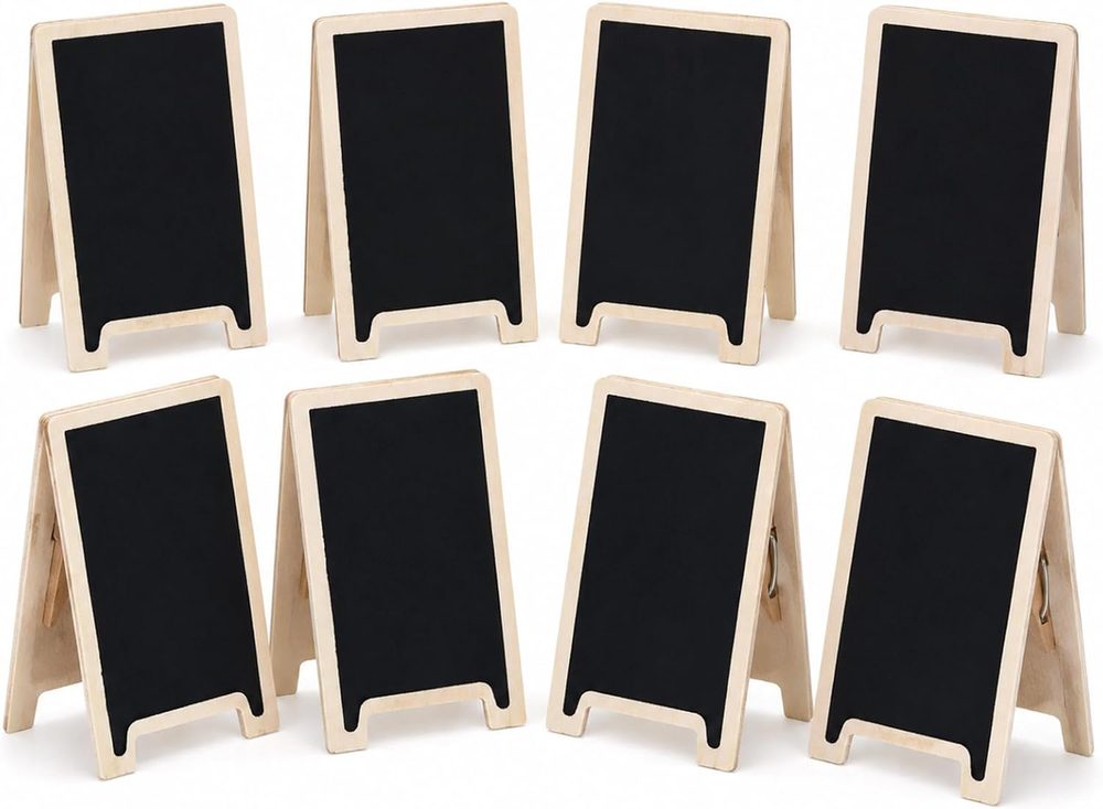 Eight small double-sided chalkboard signs on wooden clothespin bases