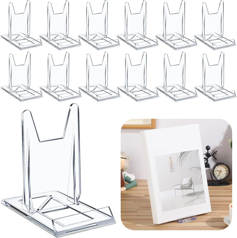 Twelve small clear acrylic adjustable book display stands