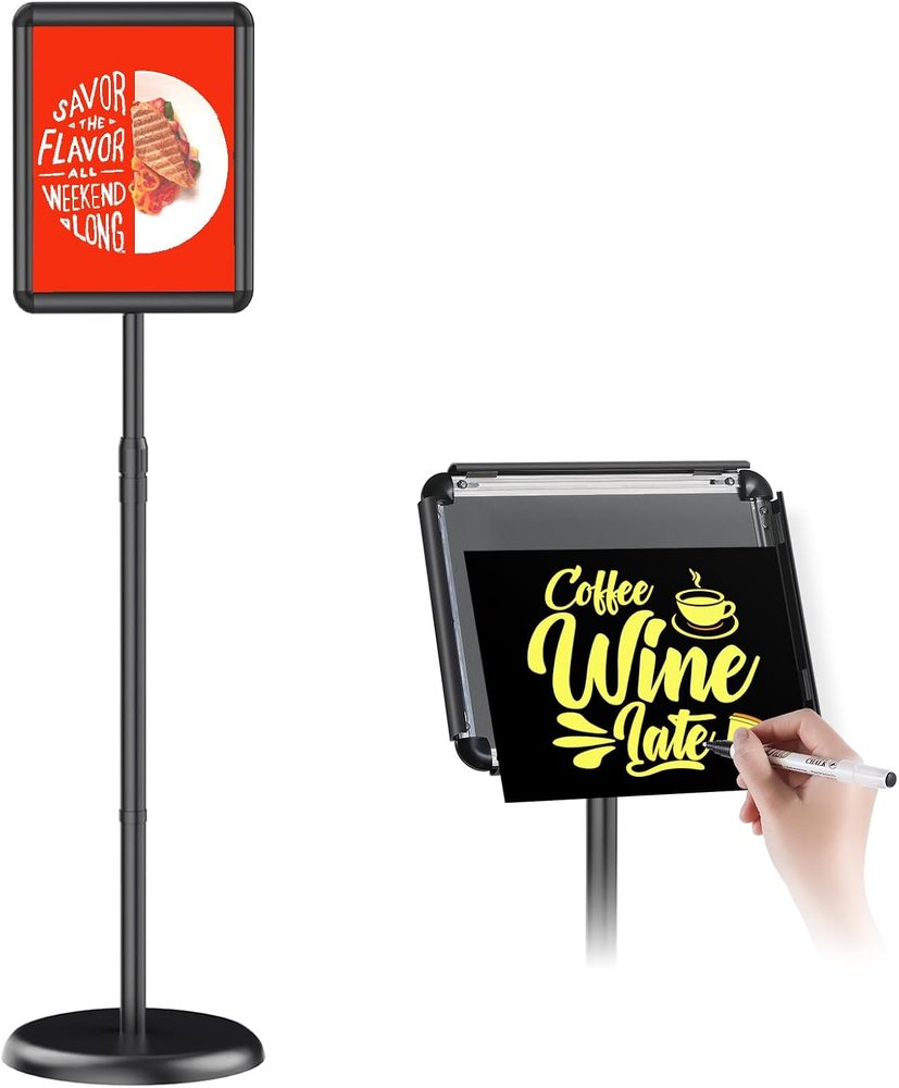 Black adjustable pedestal sign holder with a snap-open letter-size frame
