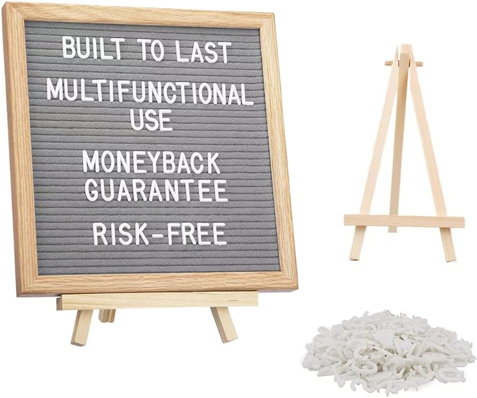 Grey felt letter board in a wooden frame with white plastic letters