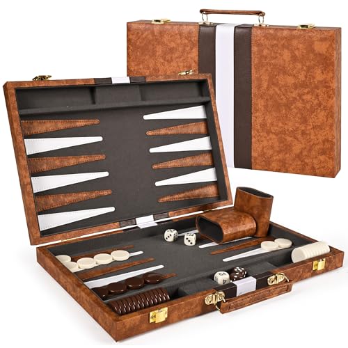 Backgammon set open in a leather travel case with checkers and dice