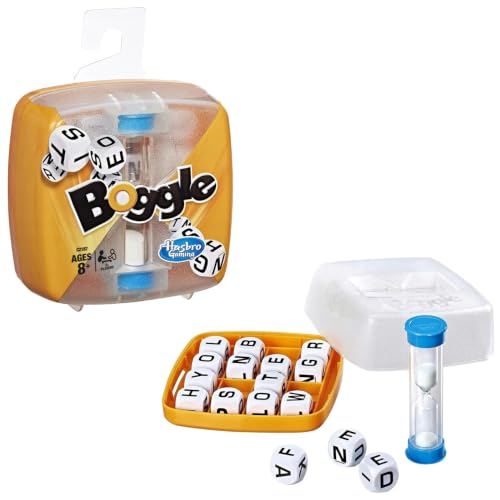 Boggle word game with lettered dice in the grid tray and timer