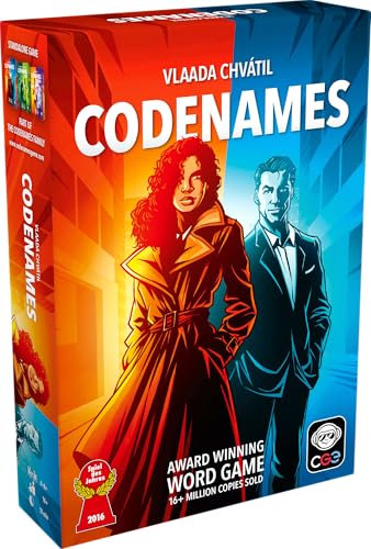 Codenames second edition box with word cards laid out in a grid