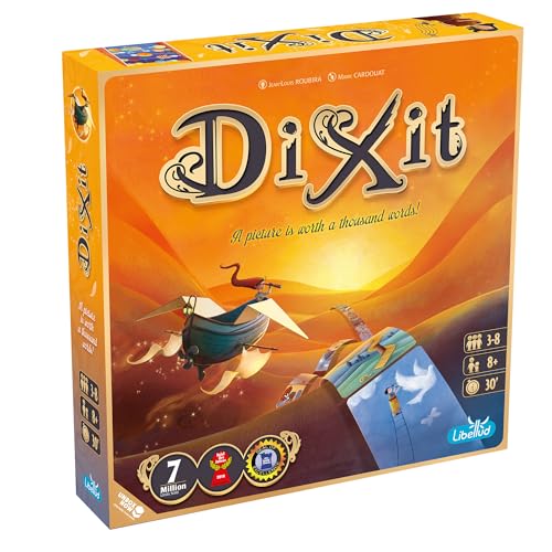 Dixit storytelling game box with dreamlike illustrated cards and wooden rabbit tokens