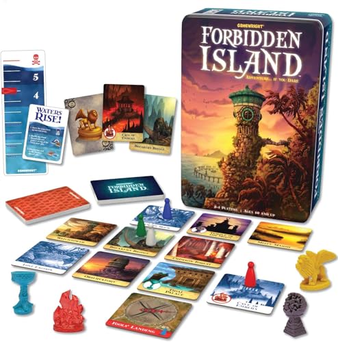 Forbidden Island cooperative board game tin with island tiles and treasure figures