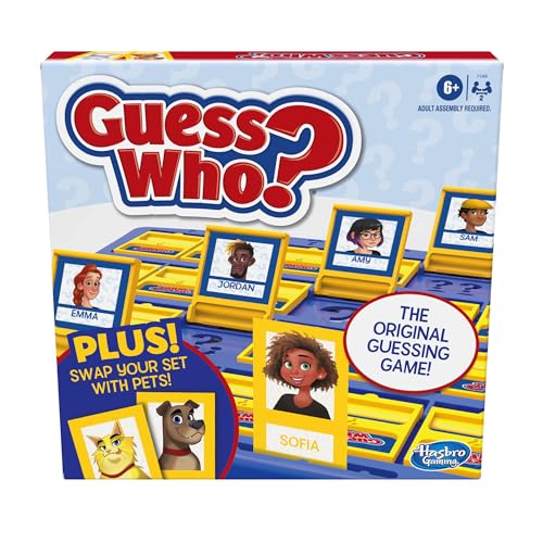Guess Who? Plus game with two flip-tile character boards and pet cards