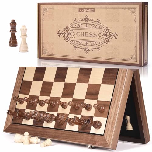 Folding magnetic wooden chess set with pieces arranged on the board