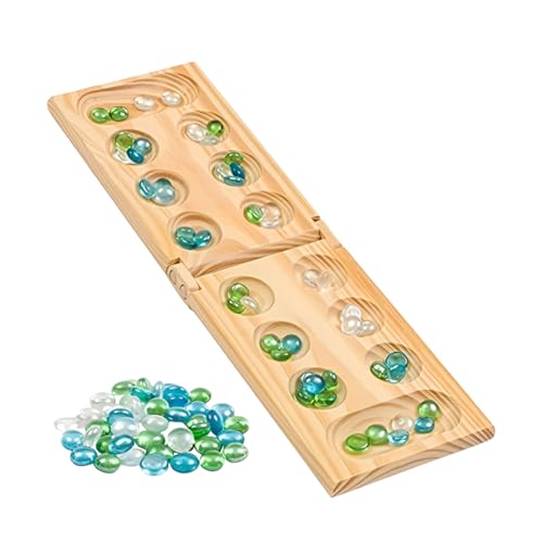 Wooden mancala board with glass beads in the cups