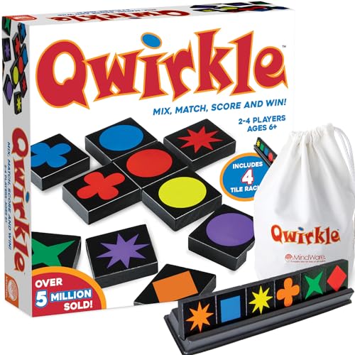 Qwirkle wooden tiles in colored shapes laid out beside storage trays