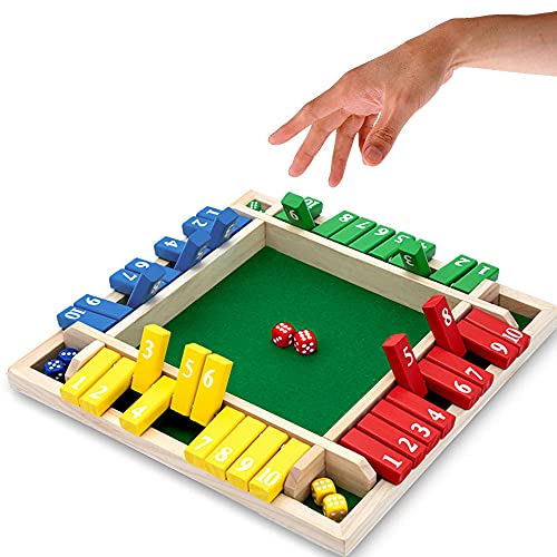 Wooden shut the box game with numbered flip tiles and dice
