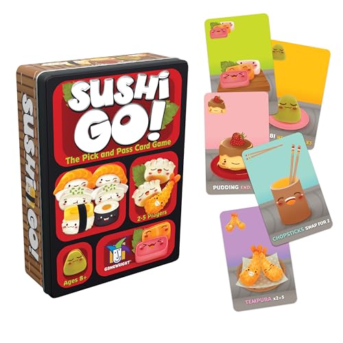 Sushi Go! card game tin with illustrated sushi cards fanned beside it