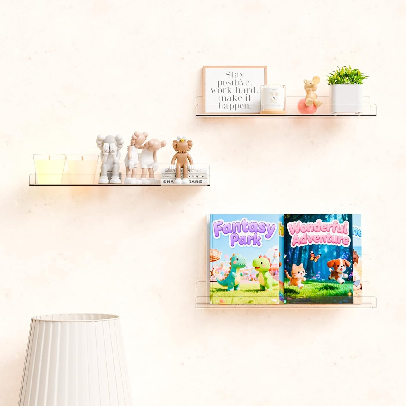Clear acrylic floating wall ledges holding books face-out