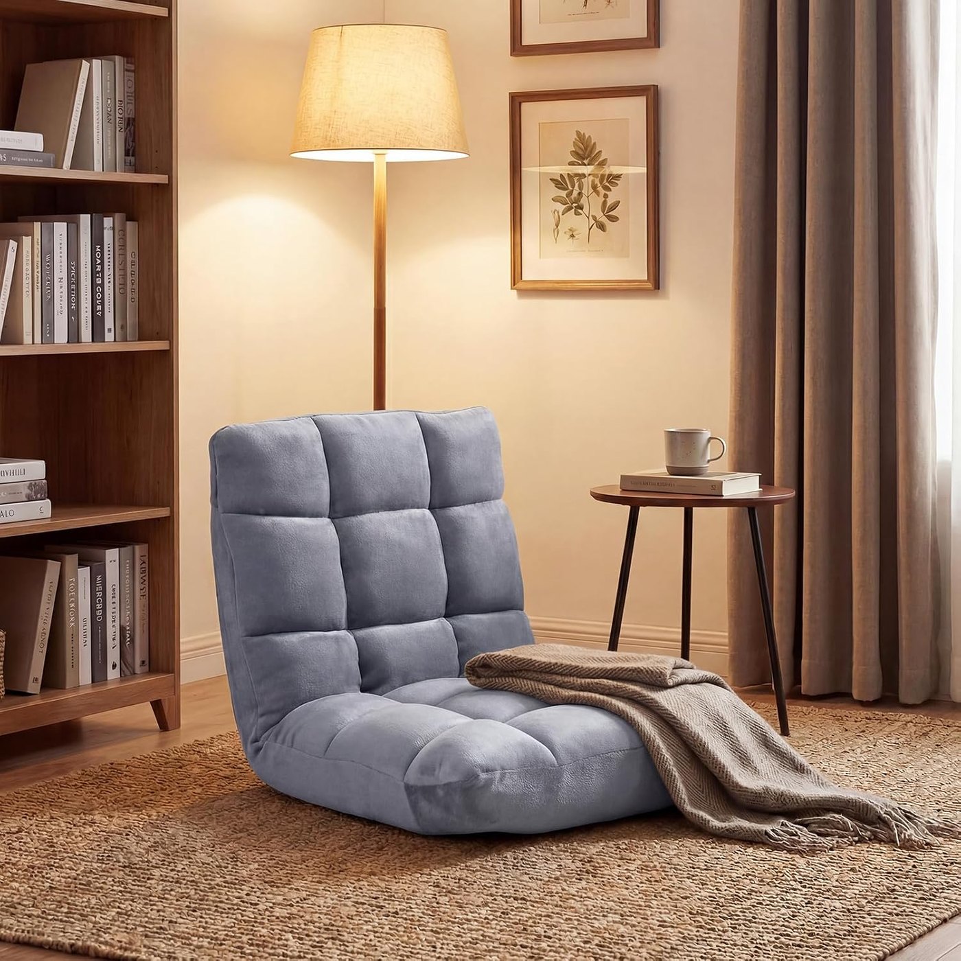Grey adjustable folding floor chair with padded back support