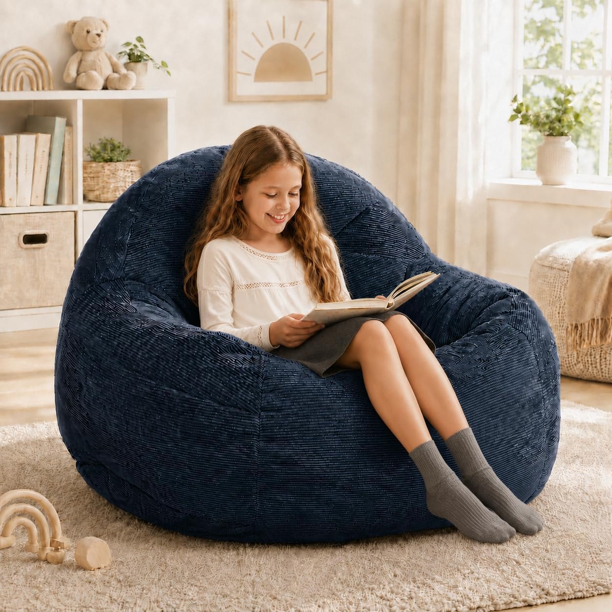 Three-foot dark blue corduroy bean bag chair for teens