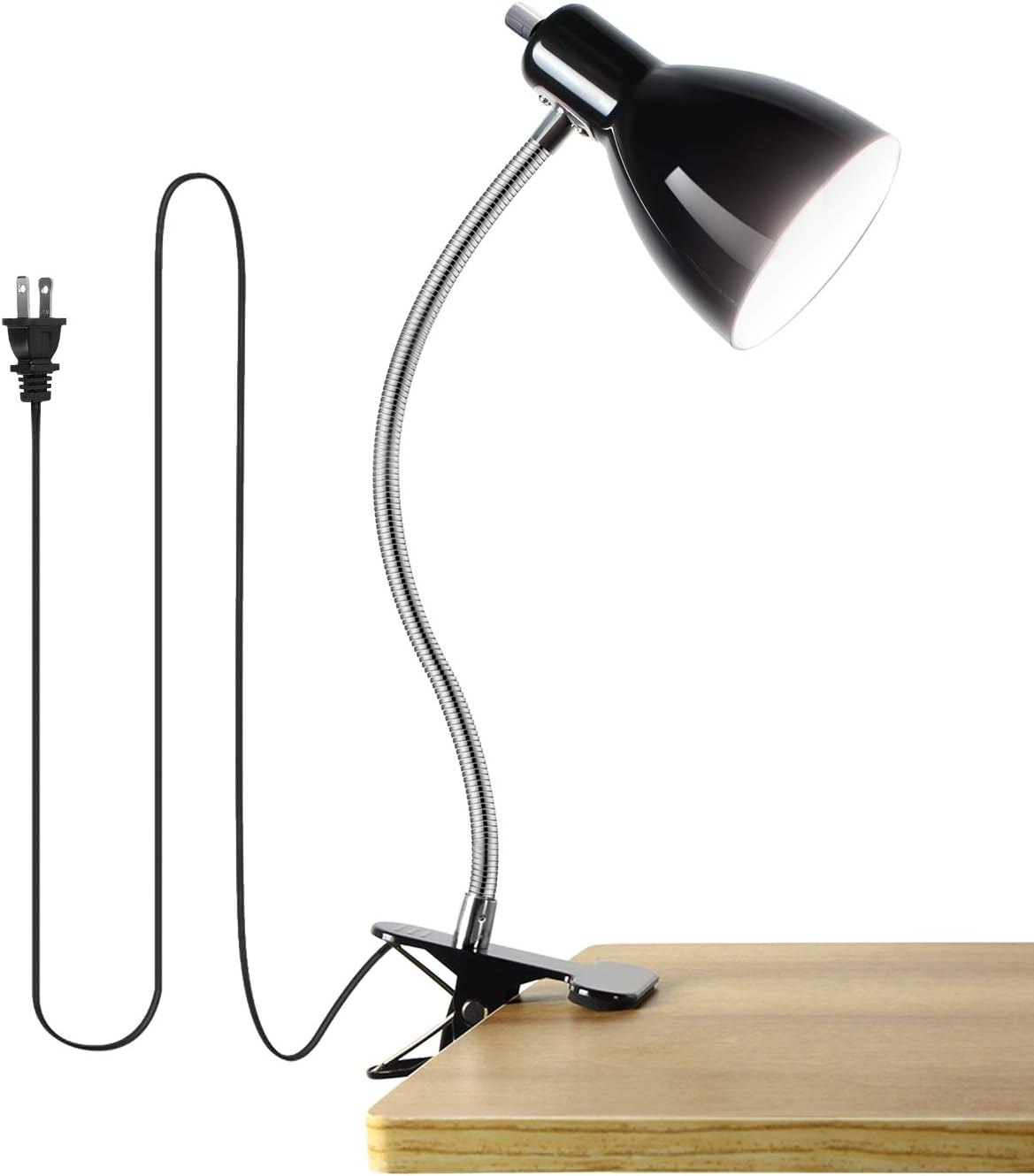 Black clip-on gooseneck reading lamp clamped to a shelf edge