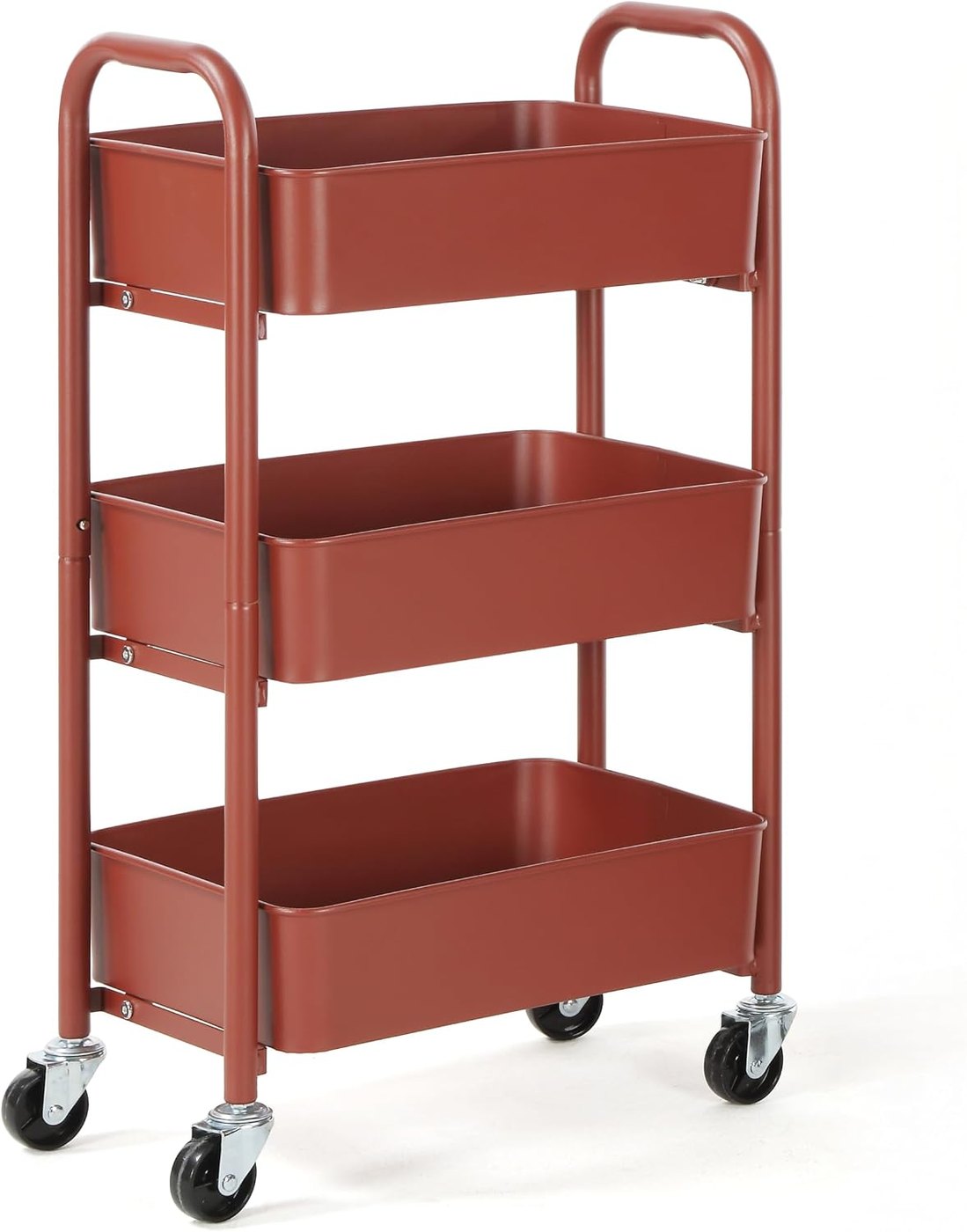 Narrow three-tier rolling cart in warm brick red