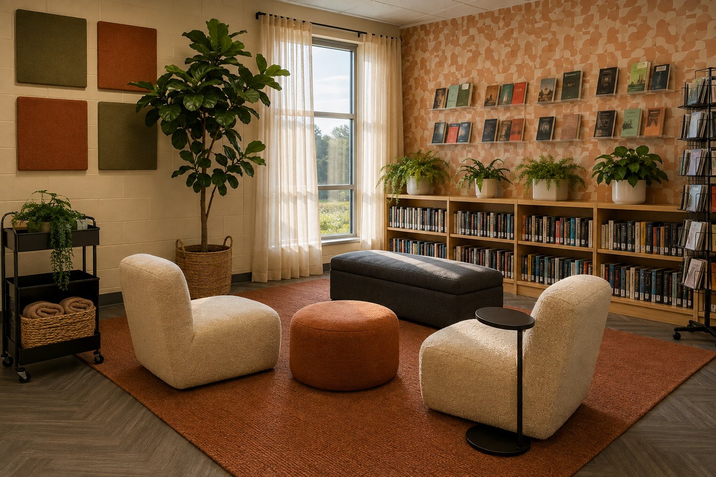 A fully furnished high school library reading lounge with lounge chairs, patterned accent wall and acoustic panels
