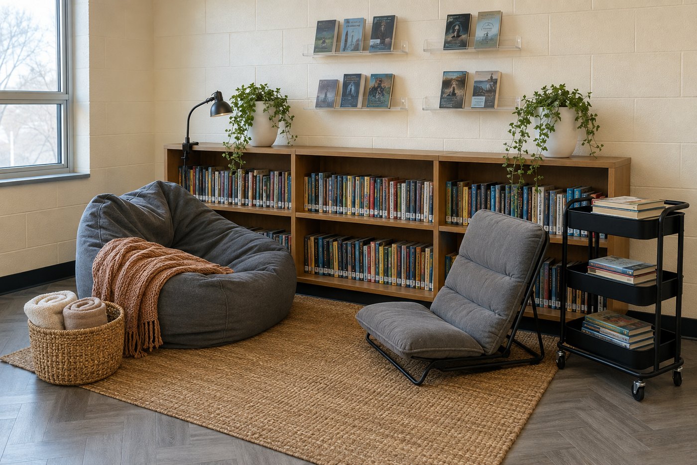 A middle school library reading nook with a grey bean bag, folding floor chair and acrylic book ledges